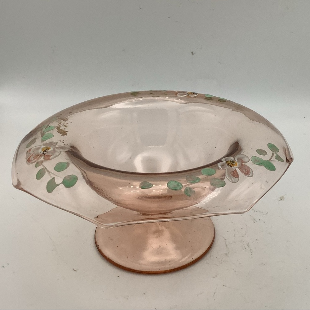 Vintage Pink Glass Compote Bowl with Hand-painted Flowers